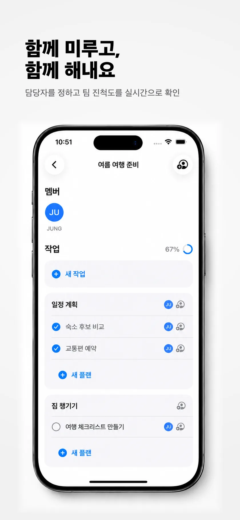 팀원과 담당자, 진척도를 함께 관리하는 프로젝트 화면